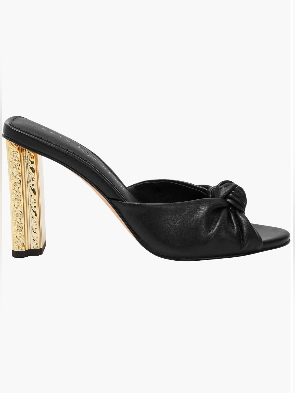Katy Perry “Framing” Black Knot Detail Slide Sandals w/ Grecian Gold Block Heel